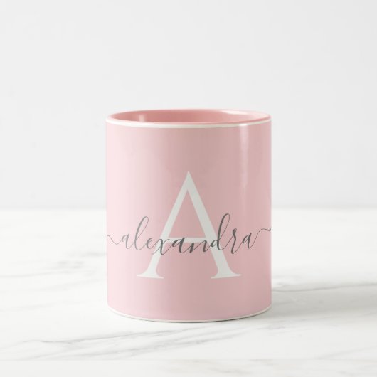 Wit Roze Naam Initiaal Monogram Elegant Script Tweekleurige Koffiemok (Center)