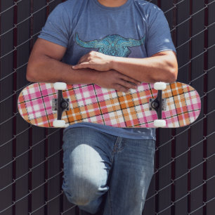 Wit Roze Oranje Schotse Ruit Ontwerp Skateboard