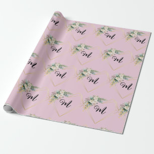 wit roze rozen gouden hart monogram cadeaupapier