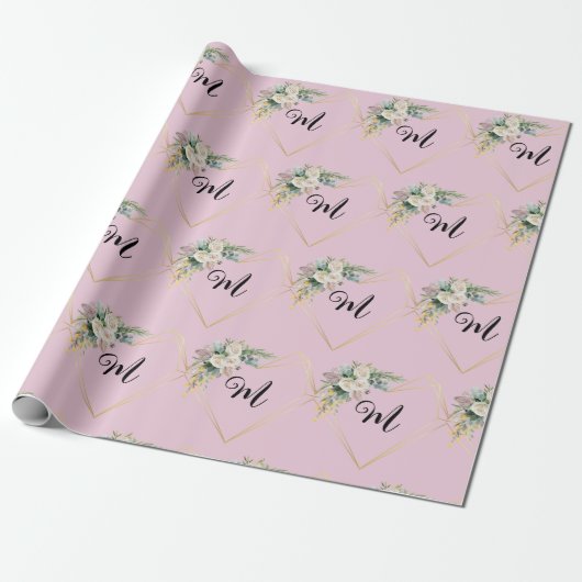 wit roze rozen gouden hart monogram cadeaupapier (Uitgerold)