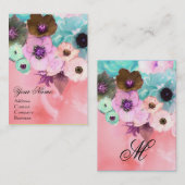 WIT ROZE TEAL ROZEN EN ANEMONE BLOEMEN MONOGRAM VISITEKAARTJE (Voorkant / Achterkant)