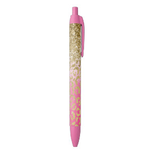 Wit Roze Waterverf Gouden Glam Leopard Glitter Zwarte Inkt Pen