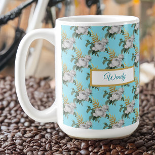  wit rozenpatroon op Aqua Monogram Koffiemok