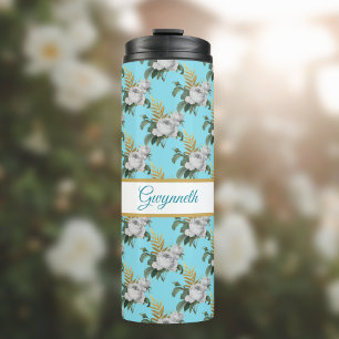 wit rozenpatroon op Aqua Monogram Thermosbeker