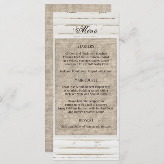 Wit Rustiek Lijst Burlap Wedding Menu (Voorkant / Achterkant)