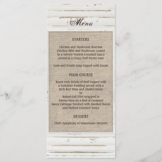 Wit Rustiek Lijst Burlap Wedding Menu (Voorkant)