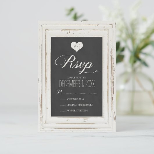 Wit Rustiek Lijst Krijt Bruiloft RSVP Kaart (Staand voorkant)