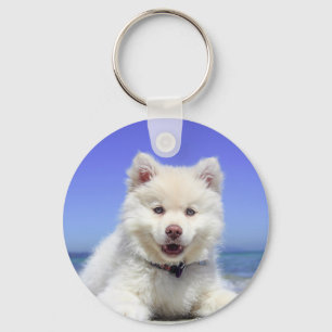 Wit Schor Puppy met Blauwe Ogen Sleutelhanger