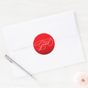 Wit schriftafstudeer rode enveloppezegel ronde sticker