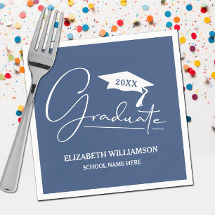 Wit Script Graduatie Cap Blauw Servet