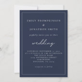 Wit-Script Navy Blue Text Lone Border Wedding Kaart (Voorkant)