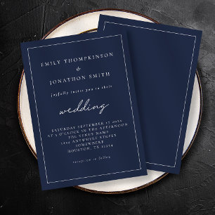 Wit-Script Navy Blue Text Lone Border Wedding Kaart