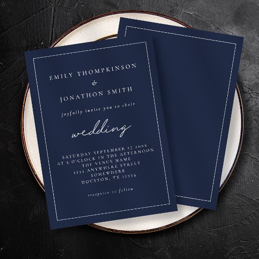 Wit-Script Navy Blue Text Lone Border Wedding Kaart