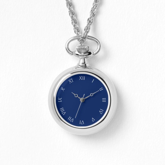 Wit Script Romeinse cijfers op blauw Wacant Horloge (Voorkant)
