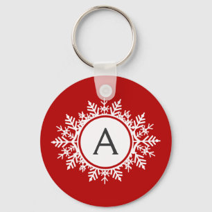 wit Snowflake Monogram op Festive Red Sleutelhanger