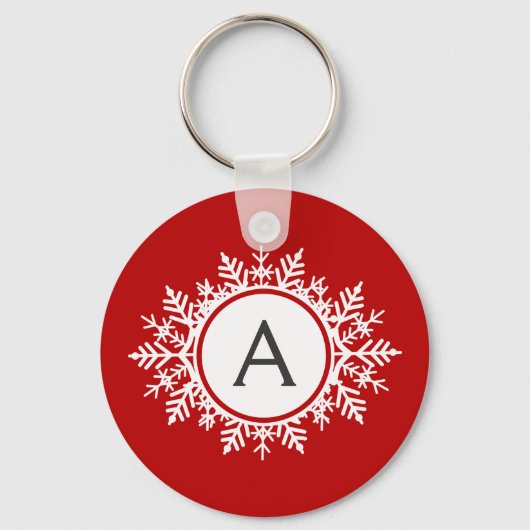 wit Snowflake Monogram op Festive Red Sleutelhanger (Voorkant)