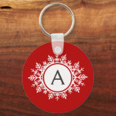 wit Snowflake Monogram op Festive Red Sleutelhanger (Voorkant)