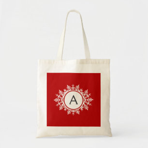  wit Snowflake Monogram op Festive Red Tote Bag