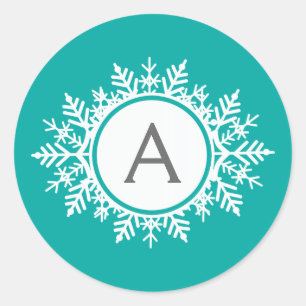 wit Snowflake Monogram op helder Blauwgroen Ronde Sticker