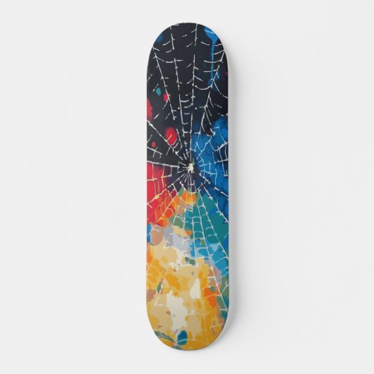 Wit spinnenweb op multi-kleur verfspatten skateboard (Voorkant)