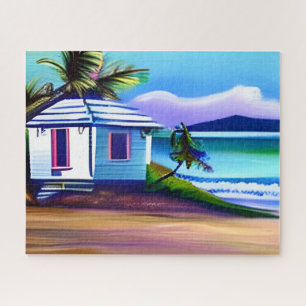 Wit strandhuis tropische oceaan kunst legpuzzel