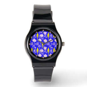 WIT-STROMEN VAN KUNSTDECO'S, GEEL PARROTS IN BLAUW HORLOGE