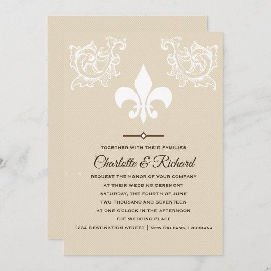 Wit & Taupe Frans Fleur De Lis Scrolls Bruiloft Kaart (Voorkant / Achterkant)