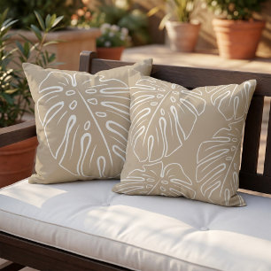 Wit Tropisch Blad Motief Khaki Taupe Beige Bruin Buitenkussen