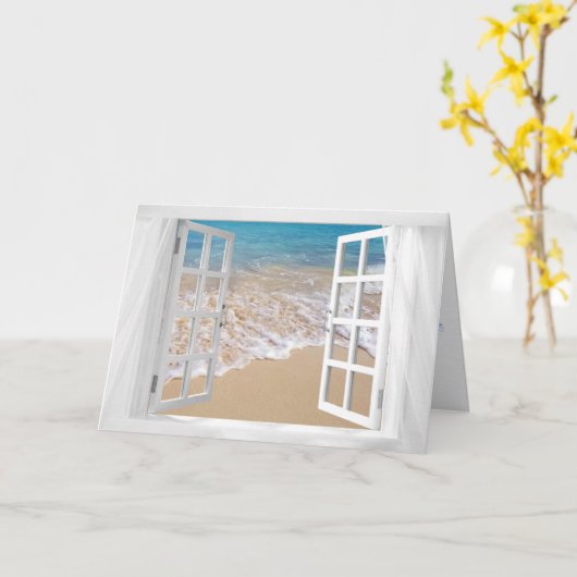 wit venster met oceaankust verjaardag kaart (Gele Bloem)