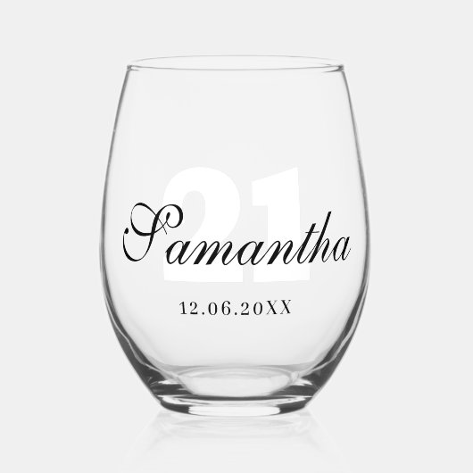 Wit verjaardagsnummer | Zwarte naam Datum Wijnglas Zonder Voet (Voorkant)