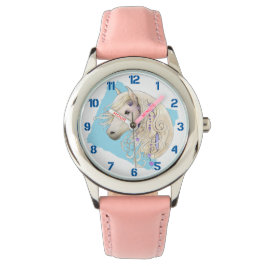 Wit Versierd Pony op Blauw Kind Horloge