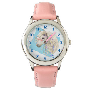 Wit Versierd Pony op Blauw Kind Horloge