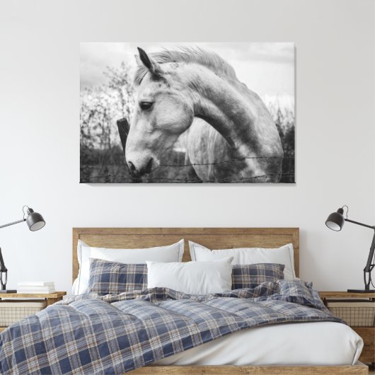 Wit Wild Spirited Horse Zwart en Wit Canvas Afdruk (Insitu (Slaapkamer))