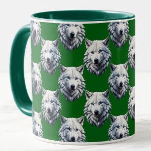 Wit Wolf Hoofd Patroon Design Groen Mok