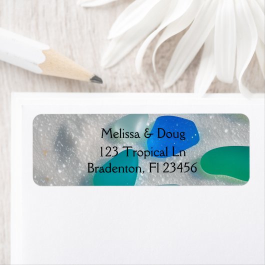 Wit Zand en Blauw en Blauwgroen Zeeen Beachy Etiket (Insitu)