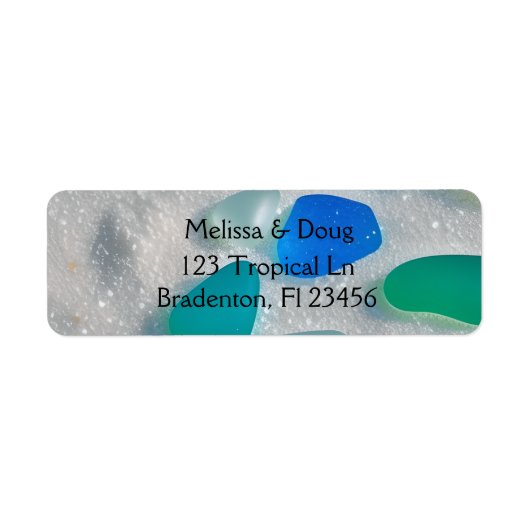 Wit Zand en Blauw en Blauwgroen Zeeen Beachy Etiket (Voorkant)