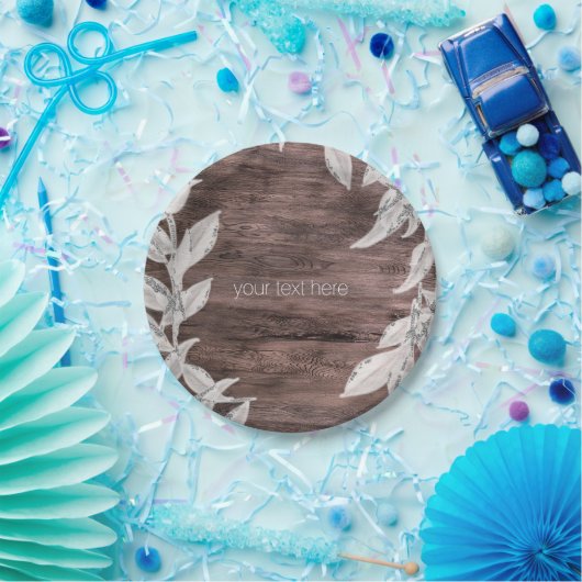 Wit & Zilver Bladeren & Rustiek Hout Elegant Papieren Bordje (Feest)