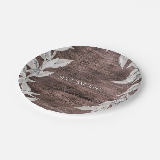 Wit & Zilver Bladeren & Rustiek Hout Elegant Papieren Bordje (Gekanteld)
