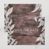 Wit & Zilver Bladeren & Rustiek Hout Save the Date Aankondigingskaart (Voorkant / Achterkant)