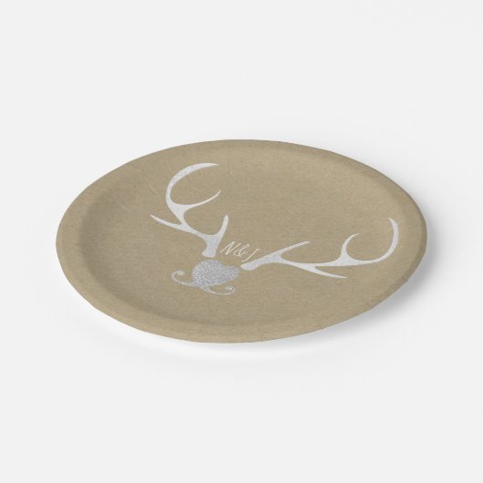 Wit Zilver gewei & Bruin Papier Rustieke bruiloft Papieren Bordje (Gekanteld)