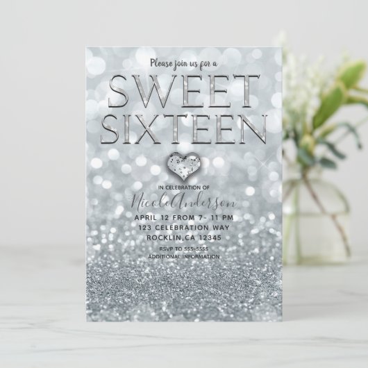 Wit Zilver Glitter Bokeh Glam Sweet 16 Party Kaart (Staand voorkant)