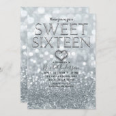 Wit Zilver Glitter Bokeh Glam Sweet 16 Party Kaart (Voorkant / Achterkant)