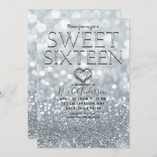 Wit Zilver Glitter Bokeh Glam Sweet 16 Party Kaart (Voorkant / Achterkant)