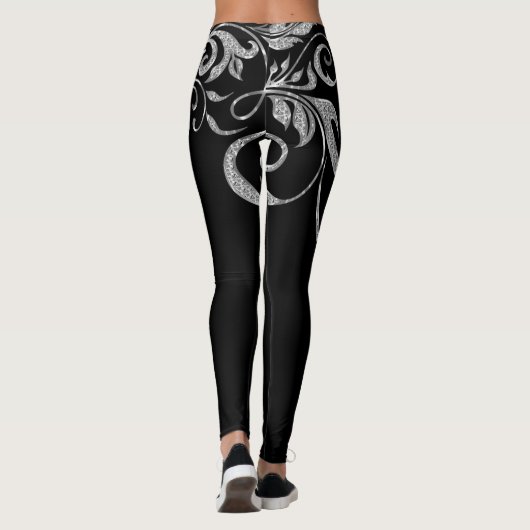 Wit Zilver Glitter Girly Swirls Design Leggings (Achterkant)