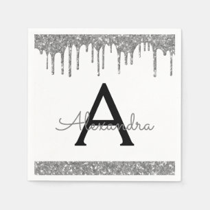 Wit Zilver Glitter Zwart Monogram Verjaardag Servet