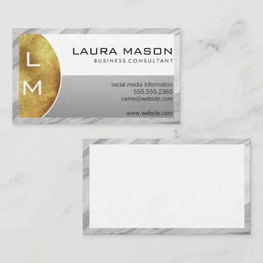 Wit Zilver met Monogram | Marmeren Rand Visitekaartje (Voorkant / Achterkant)