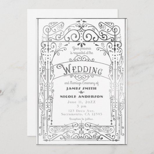 Wit & Zilver Victoriaans Deco Bruiloft Kaart (Voorkant / Achterkant)