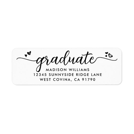 Wit Zwart Afstuderen Script Hart Modern Adres Etiket (Voorkant)