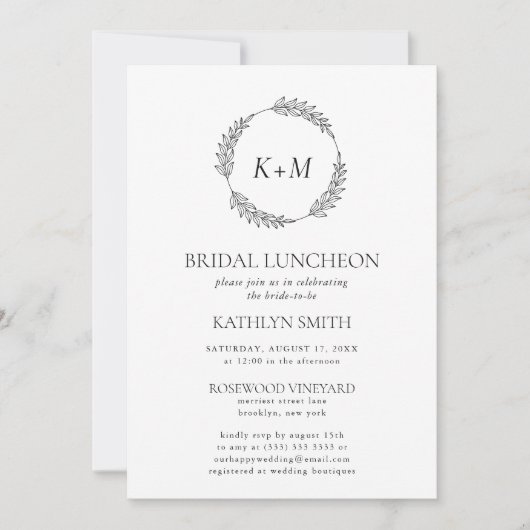 Wit Zwart Blad Krans Monogram Bruids Luncheon Kaart (Voorkant)