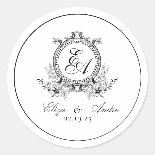 Wit Zwart Bladkam Monogram Ronde Sticker (Voorkant)